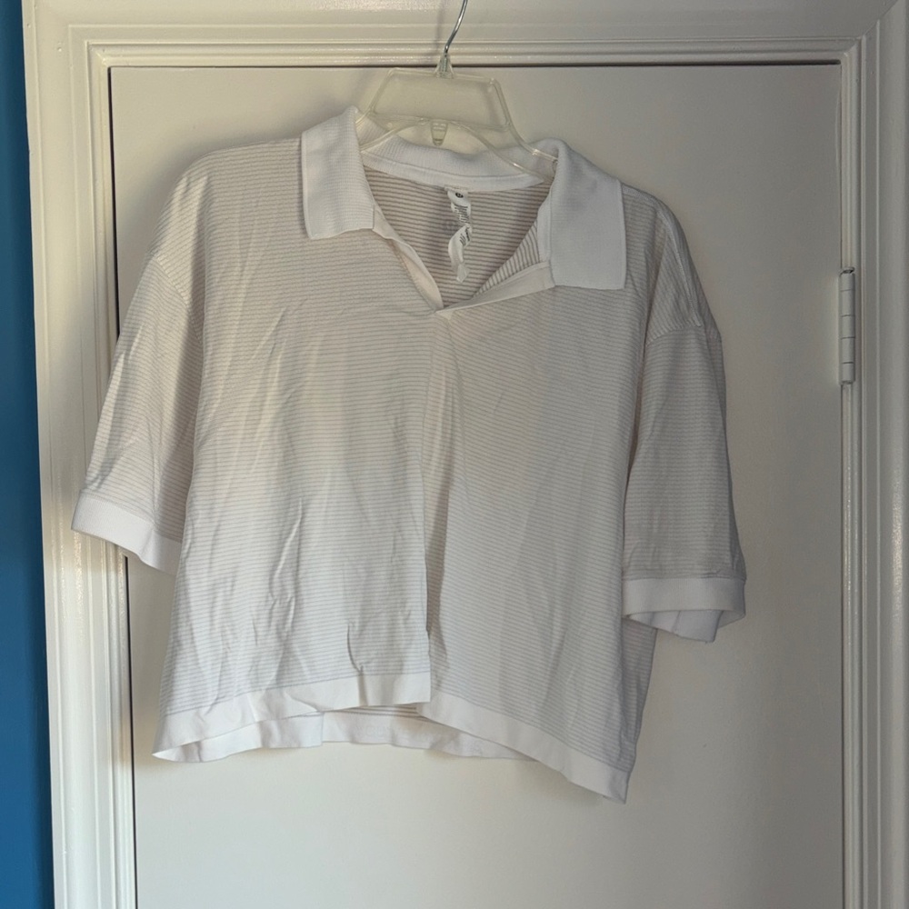 lululemon athletica White and Light Gray Striped Cropped Polo